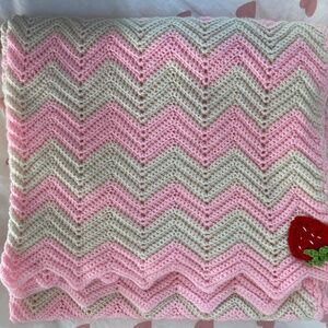 Pink & White Crochet Baby Blanket - Like New Condition